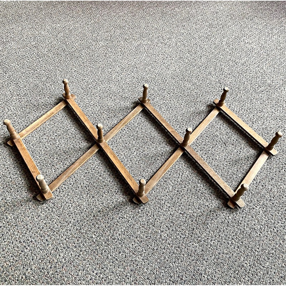 Vintage Accordion Wooden Expandable 10 Peg Wall Hanger Mug Coat Hat Jewelry Rack